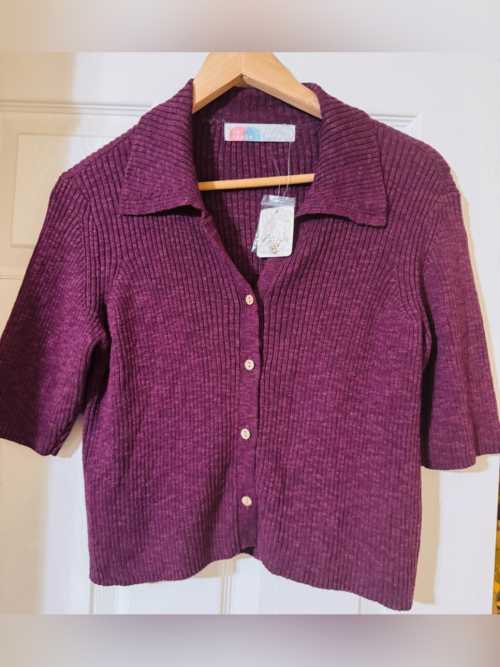 Free People Ribbed Button-Front Polo Top - Maroon /deep plum Brand new with tags